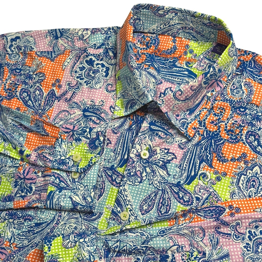 Alan Flusser Mens XL Paisley Gingham Patchwork Cotton Button Down Shirt Multi